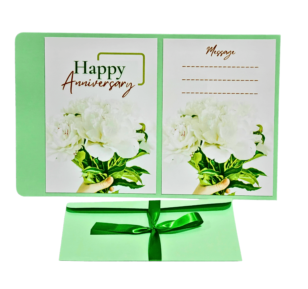 Happy Anniversary Greeting Card with White Floral Design, Green Border, Message Lines, Elegant Bow, Celebration Stationery