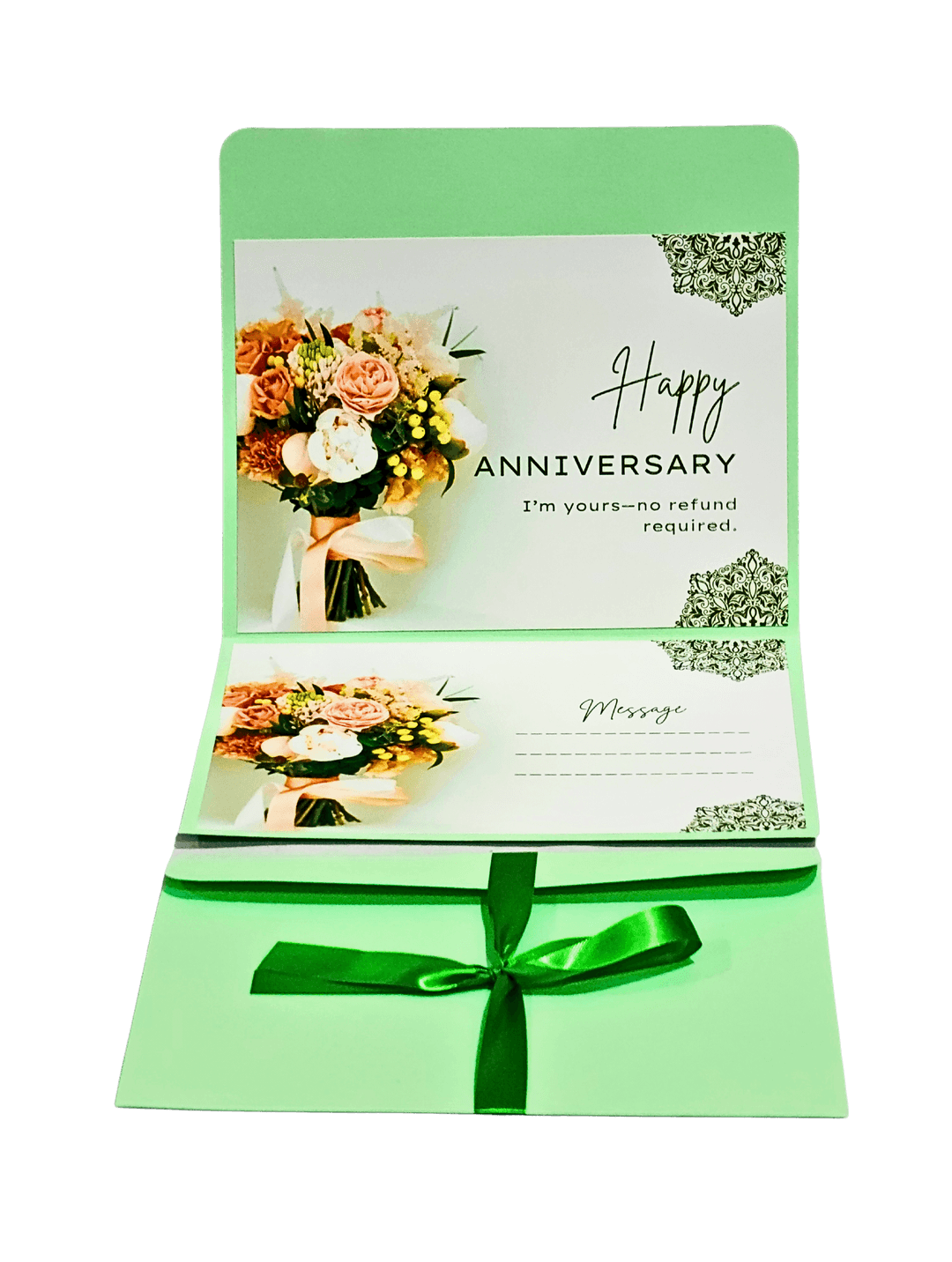 Funny Anniversary Card with Floral Design, Green with Rose Bouquet Print, Message Space, Ribbon Bow