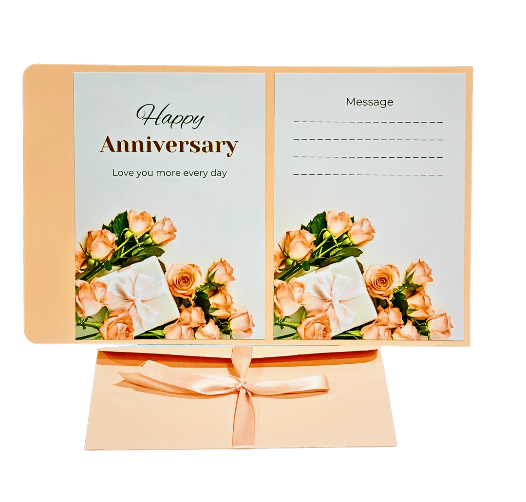 Elegant Anniversary Card with Peach Roses Design, Romantic Message Space, Ribbon-Tied Envelope, Love You More Every Day Theme