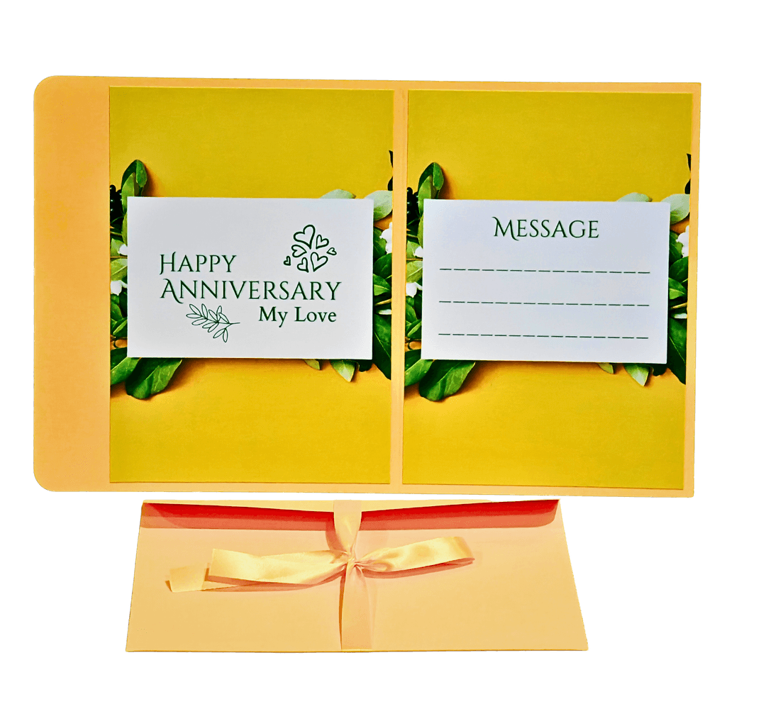 Happy Anniversary Card with Message Space, Elegant Greeting Card with Gold Ribbon, Yellow and Green Design, Romantic Love Theme