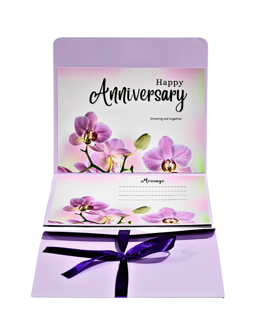 Elegant Anniversary Card with Purple Orchid Design, White and Lavender, Message Space Inside, Ribbon Bow