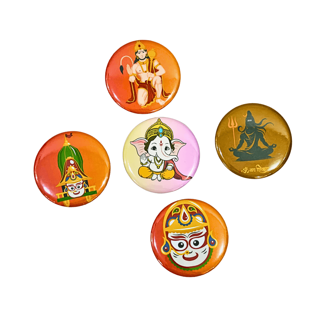 Decorative Hindu Deity Design Badges, Religious Spiritual Art Collection, Orange and Multi-Color, Metal Pin Buttons, 5 Pieces Set