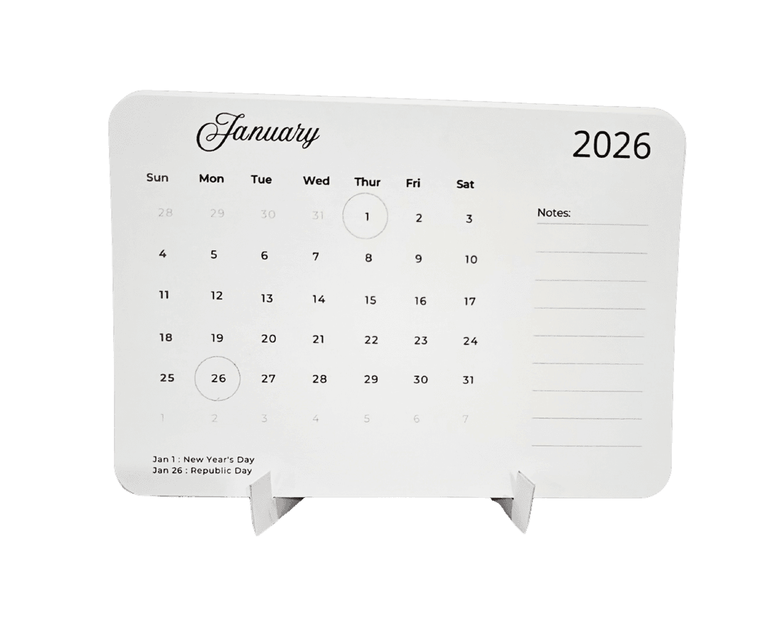 2026 Monthly Desk Calendar with Stand, White, Notes Section, Holiday Marking, January Calendar Page, Desktop Display