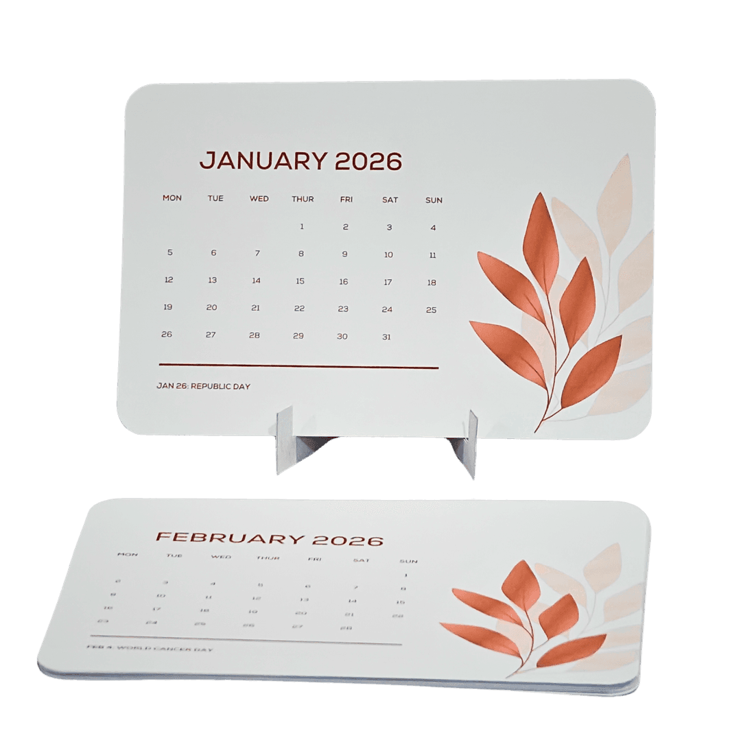 2026 Desk Calendar with Stand, Minimalist Design, Grey and Copper, Monthly Pages, Floral Leaf Pattern, January-December