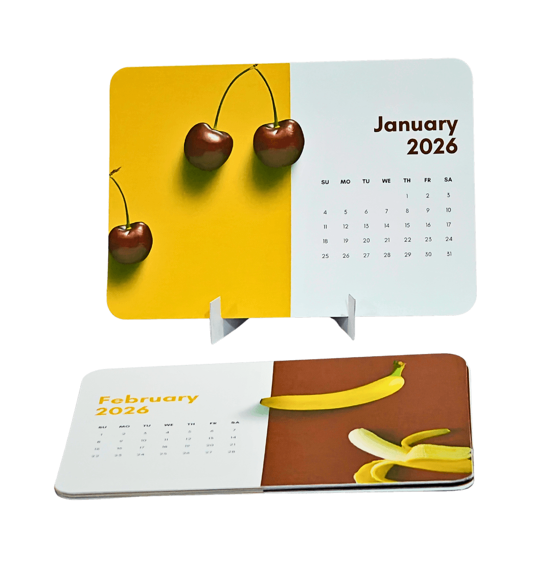Generic Desktop Calendar 2026, Monthly Calendar Cards with Fruit Theme Design, White Paper with Stand