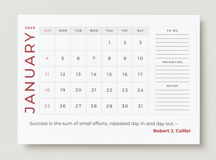 2026 Minimalist Monthly Desk Calendar | Planner with To-Do, Priorities & Notes | Productivity Desktop Calendar | Inspirational Quote Design