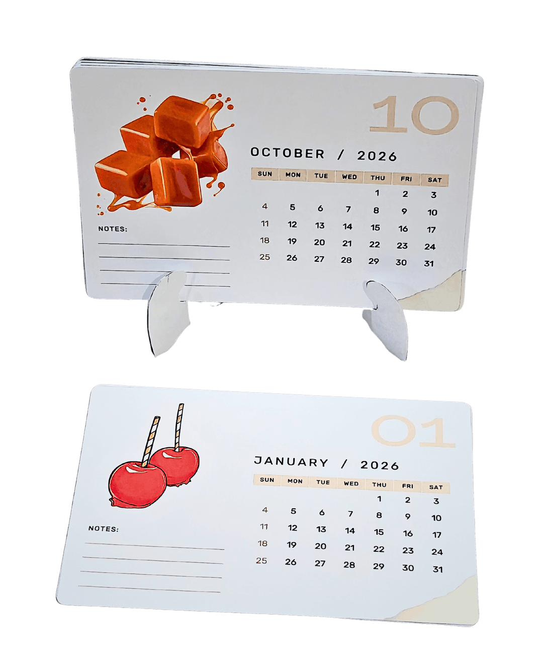 2026 Desk Calendar with Food Illustrations, Monthly Planner Cards with Notes Section, Cute Fruit Design Office Organizer