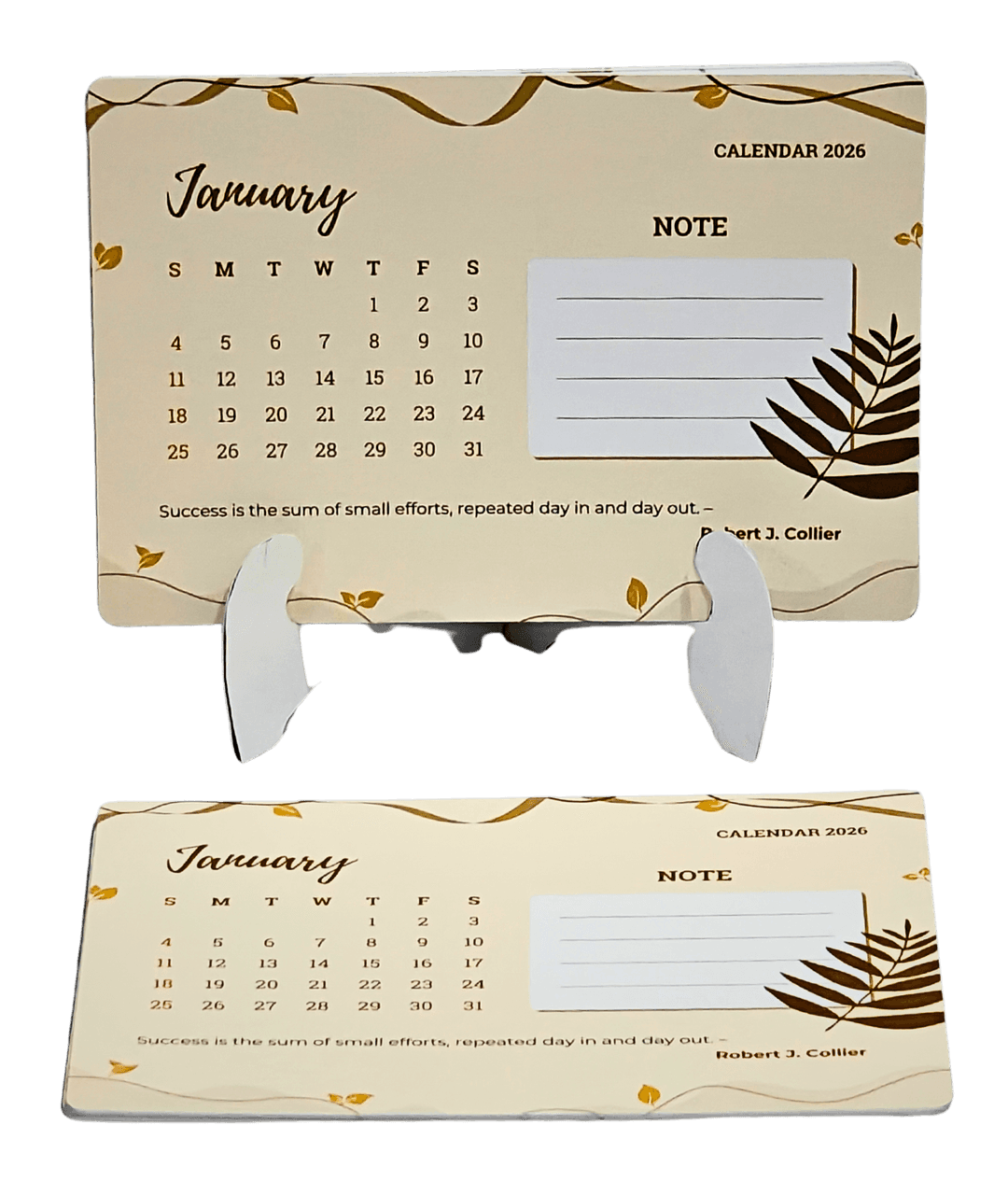 2026 Desk Calendar with Stand, January Start, Beige with Botanical Design, Note Section, Motivational Quotes