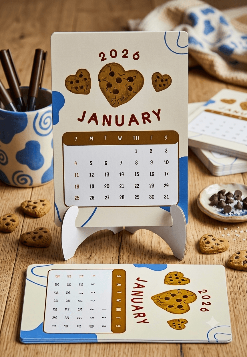 2026 Desk Calendar with Stand, Cookie Theme, Monthly Planner, Beige with Blue Accents