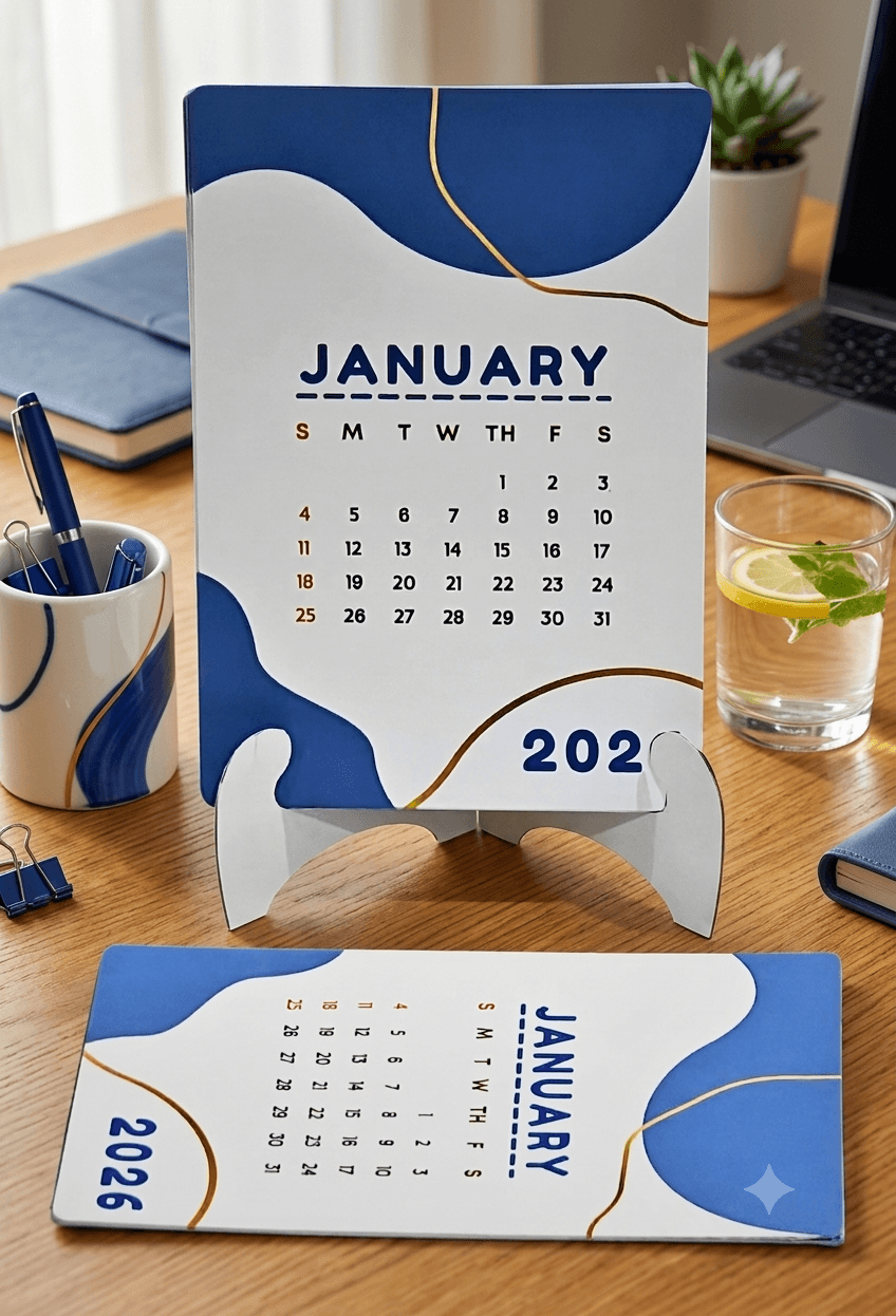 2026 Desk Calendar with Stand, Blue and White Abstract Design, Monthly View, Compact Size