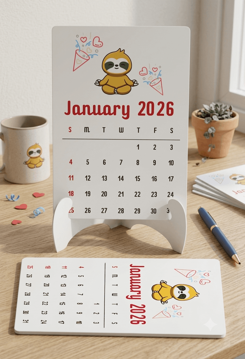2026 Desk Calendar with Stand, Sloth Design, Monthly Planner, White