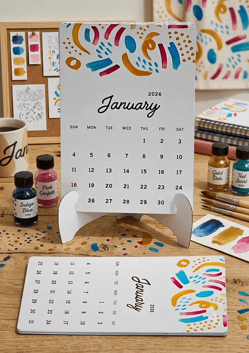 2026 Desk Calendar with Stand, Colorful Abstract Design, Monthly Planner, Tabletop Display