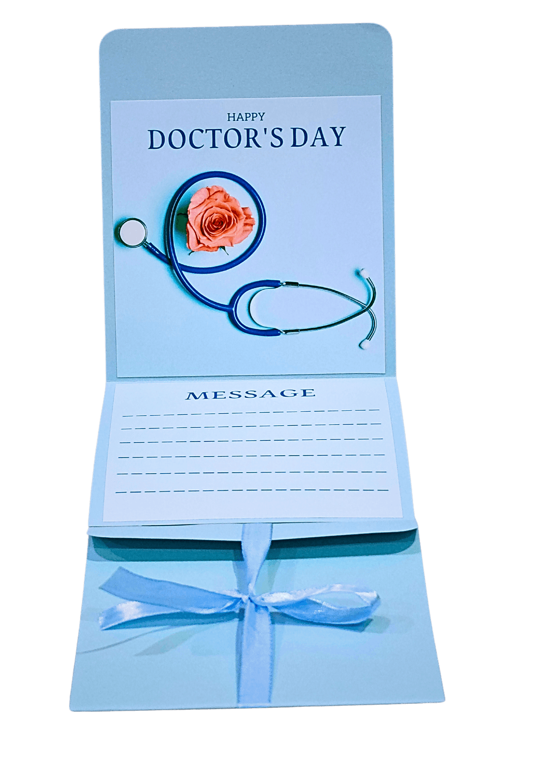 Happy Doctor's Day Greeting Card with Stethoscope Design, Rose Artwork, Message Space and Blue Ribbon, Light Blue
