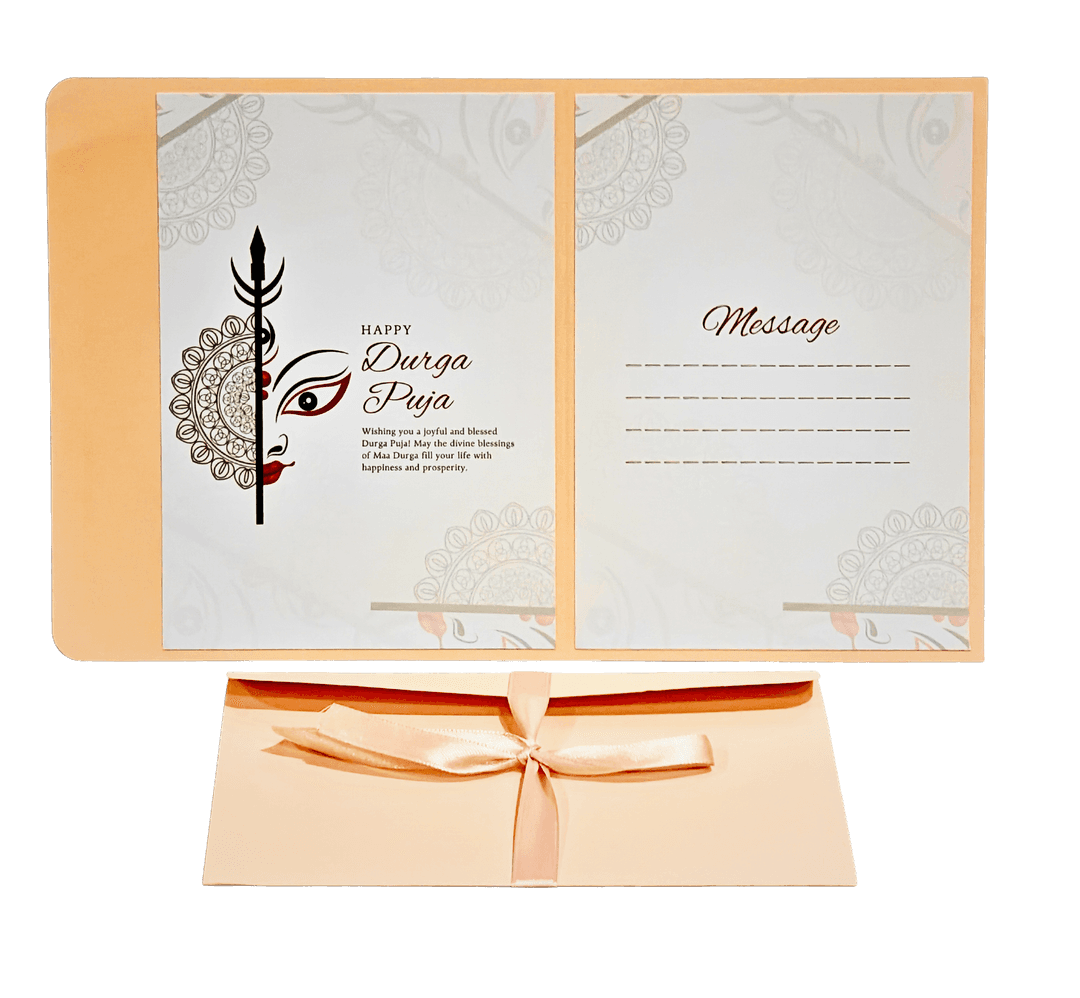 Elegant Durga Puja Greeting Card with Message Space, Traditional Design, White and Gold, Religious Festival Card with Ribbon