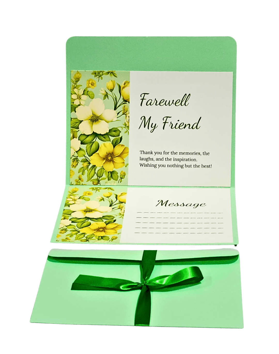 Elegant Farewell Card with Floral Design, Green and Yellow, Message Space, Decorative Ribbon, Sympathy Greeting Card