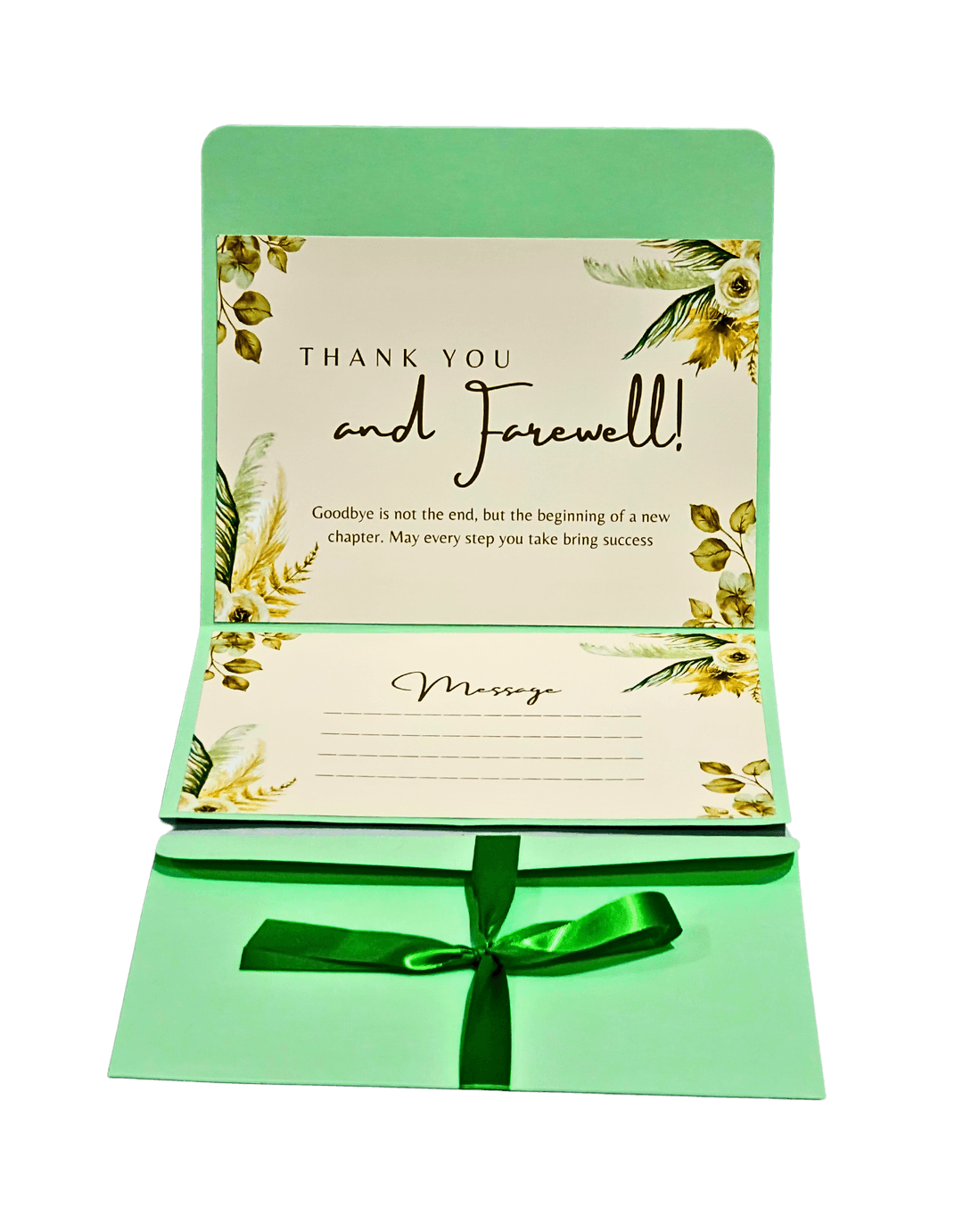 Elegant Farewell Card with Floral Design, Thank You and Goodbye Message, Green and Cream, Message Writing Space, Decorative Ribbon
