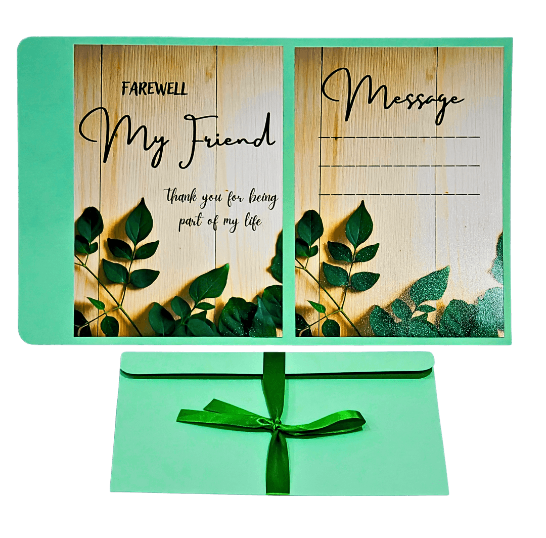 Farewell Card for Friend, Wooden Design with Message Space, Thank You Gift, Green Botanical Theme