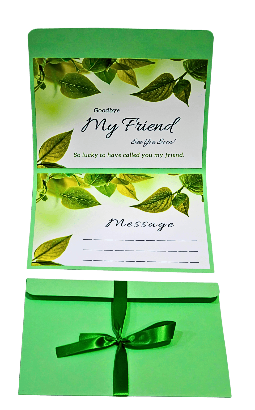 Goodbye My Friend Farewell Card, Green, Pop-Up Design with Ribbon, See You Soon Message