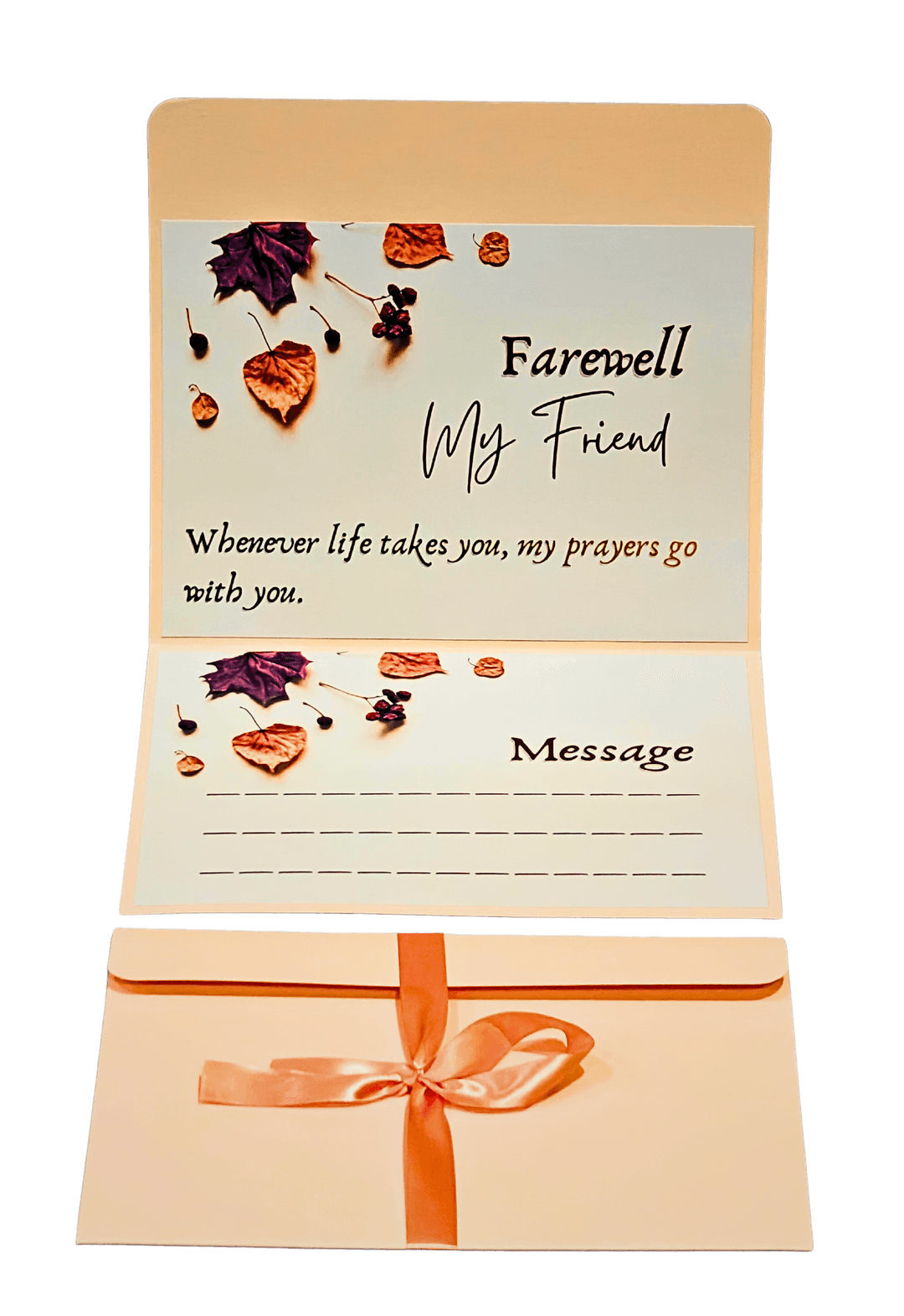 Farewell My Friend Greeting Card, Pop-Up Design with Autumn Leaves, Message Space, Orange Ribbon Tie