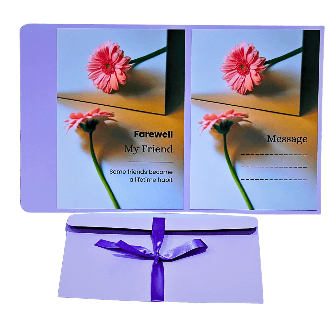 Farewell My Friend Greeting Card with Envelope, Pink Flower Design, Purple Ribbon, Message Space