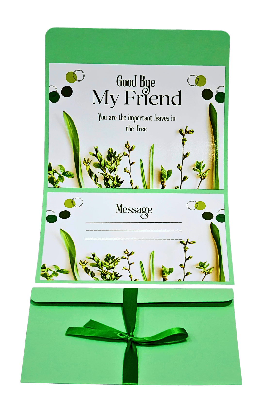 GoodBye My Friend Farewell Card, Green, with Message Section and Ribbon, Botanical Theme