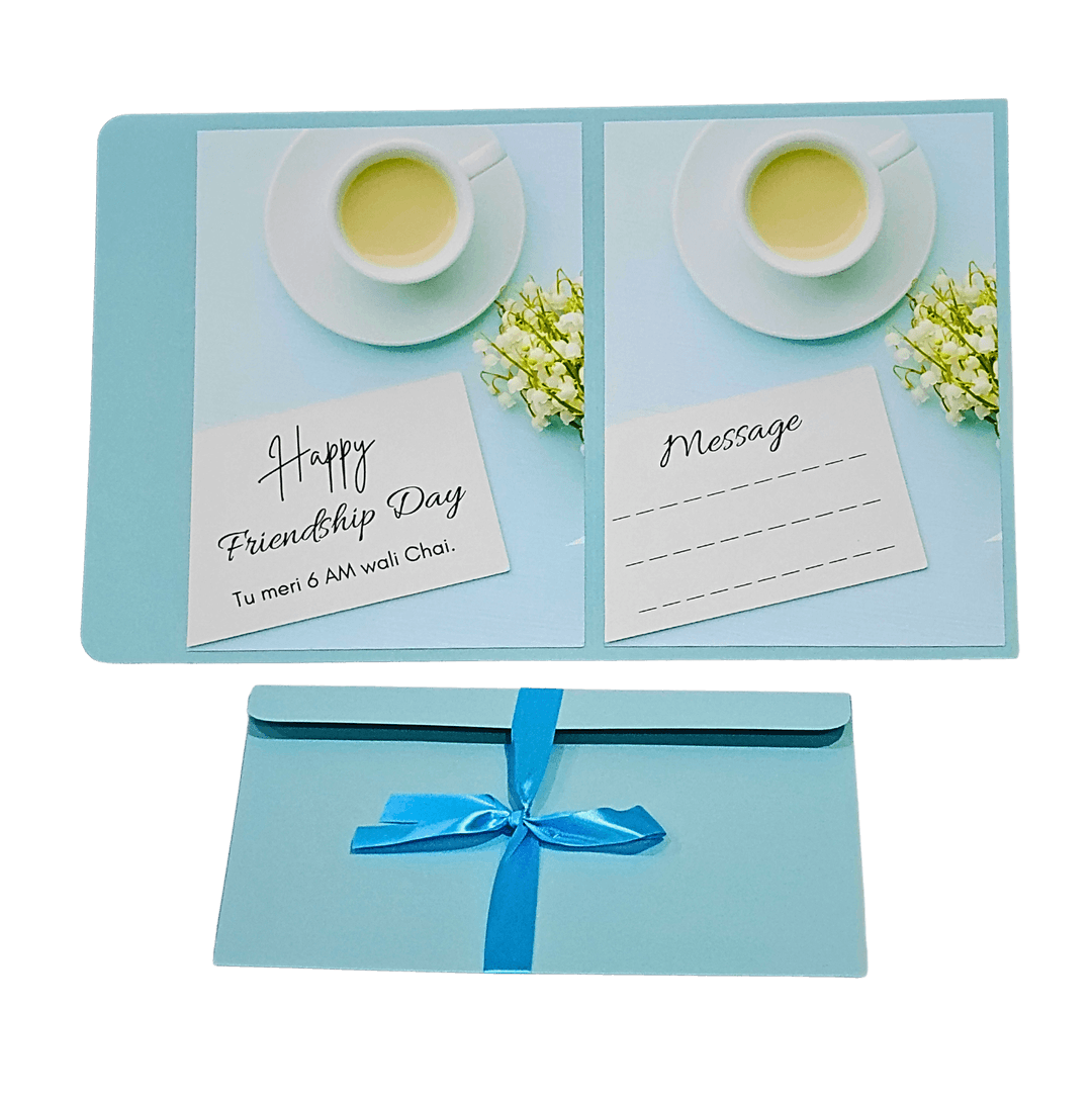Elegant Friendship Day Gift Box Set with Message Cards, Blue Ribbon, Tea Cup Design, Handwritten Note Style