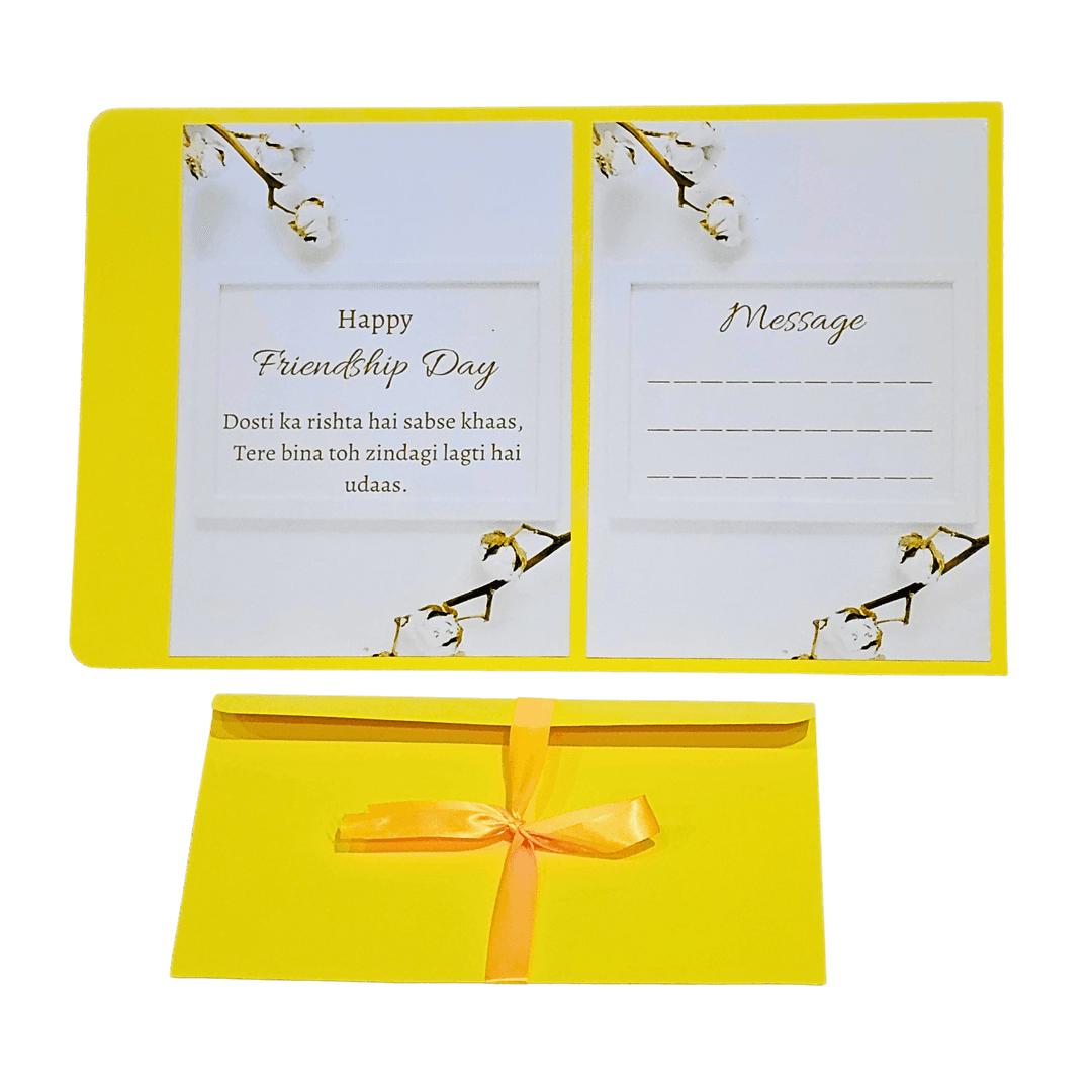 Happy Friendship Day Card with Hindi Message, Yellow Envelope, Floral Design, Greeting Card with Customizable Message Space