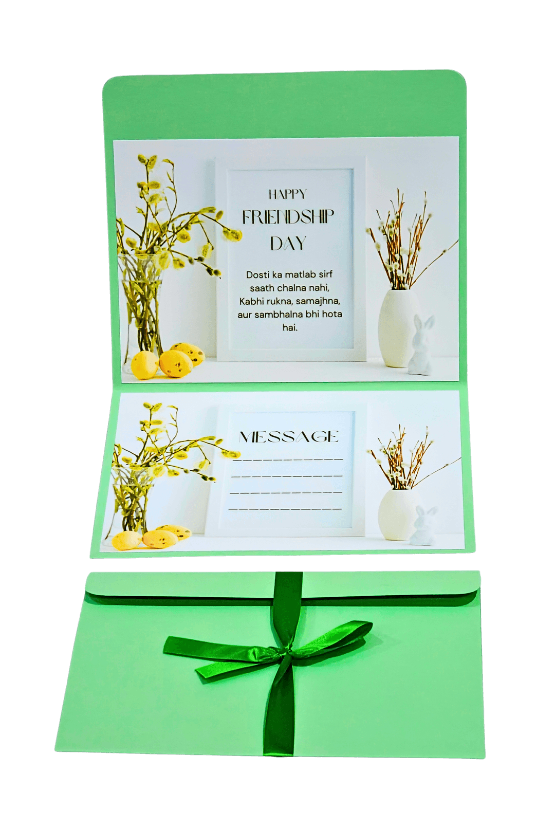 Elegant Friendship Day Greeting Card with Message Space, Green Paper Design, Yellow Floral Decor, Hindi Quote, Gift Card