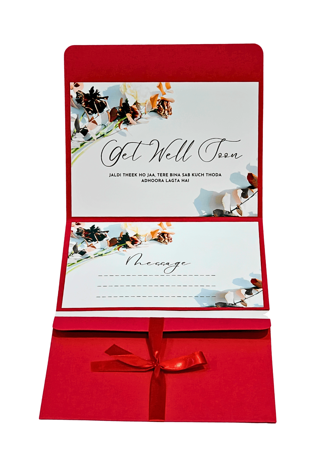Get Well Soon Card with Hindi Message, Red Floral Design Greeting Card with Message Space, Handmade Paper Card with Ribbon