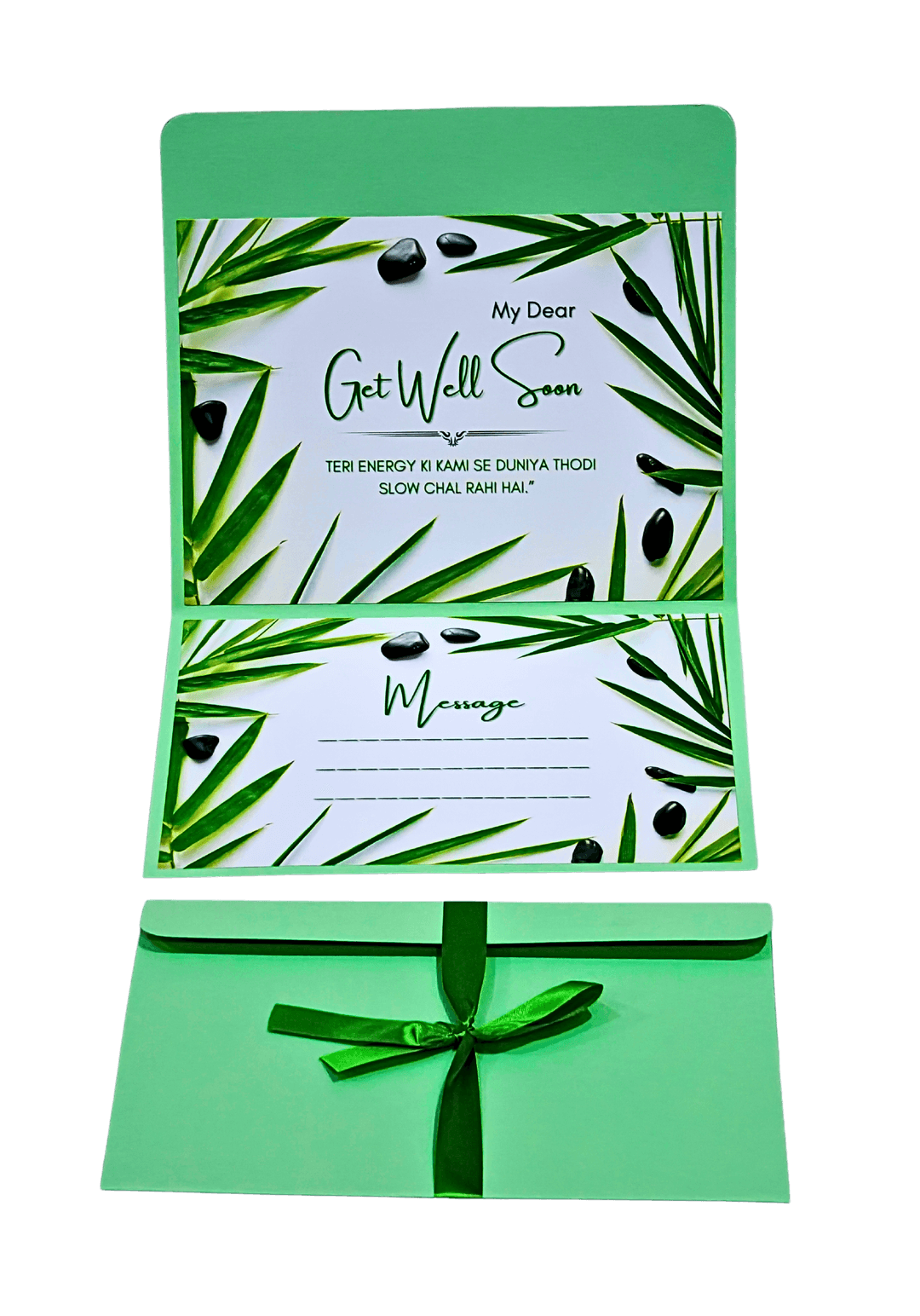 Get Well Soon Card with Bamboo Leaf Design, Green Envelope, Message Space, Hindi Text, Nature Theme Greeting Card