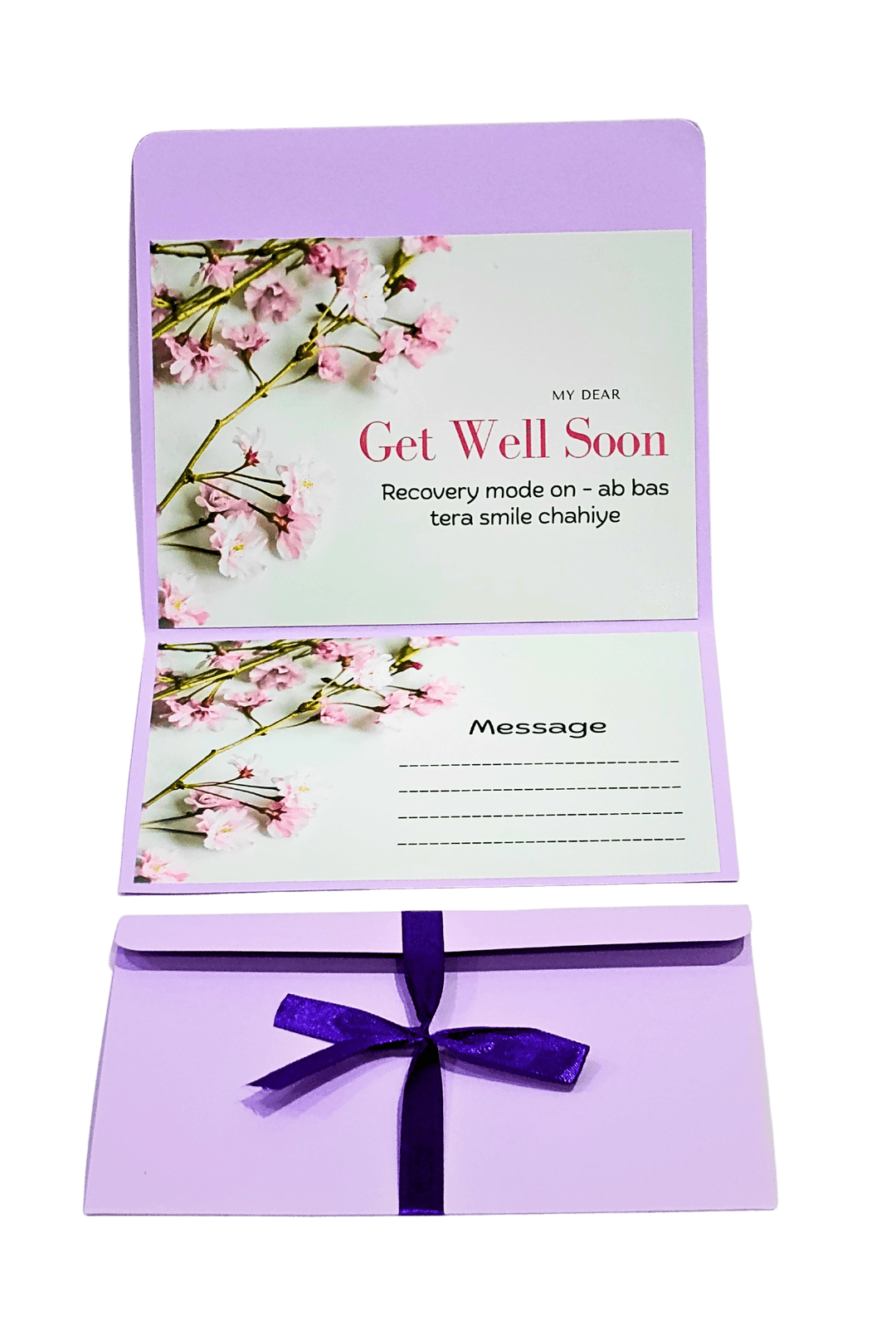 Get Well Soon Card with Cherry Blossom Design, Purple Envelope, Message Space, Floral Theme, Recovery Wishes