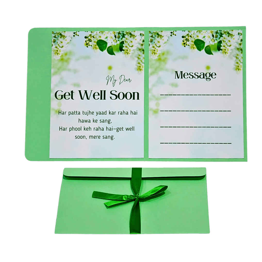 Get Well Soon Card with Hindi Message, Floral Design, Green Greeting Card with Message Space, Decorative Ribbon Bow