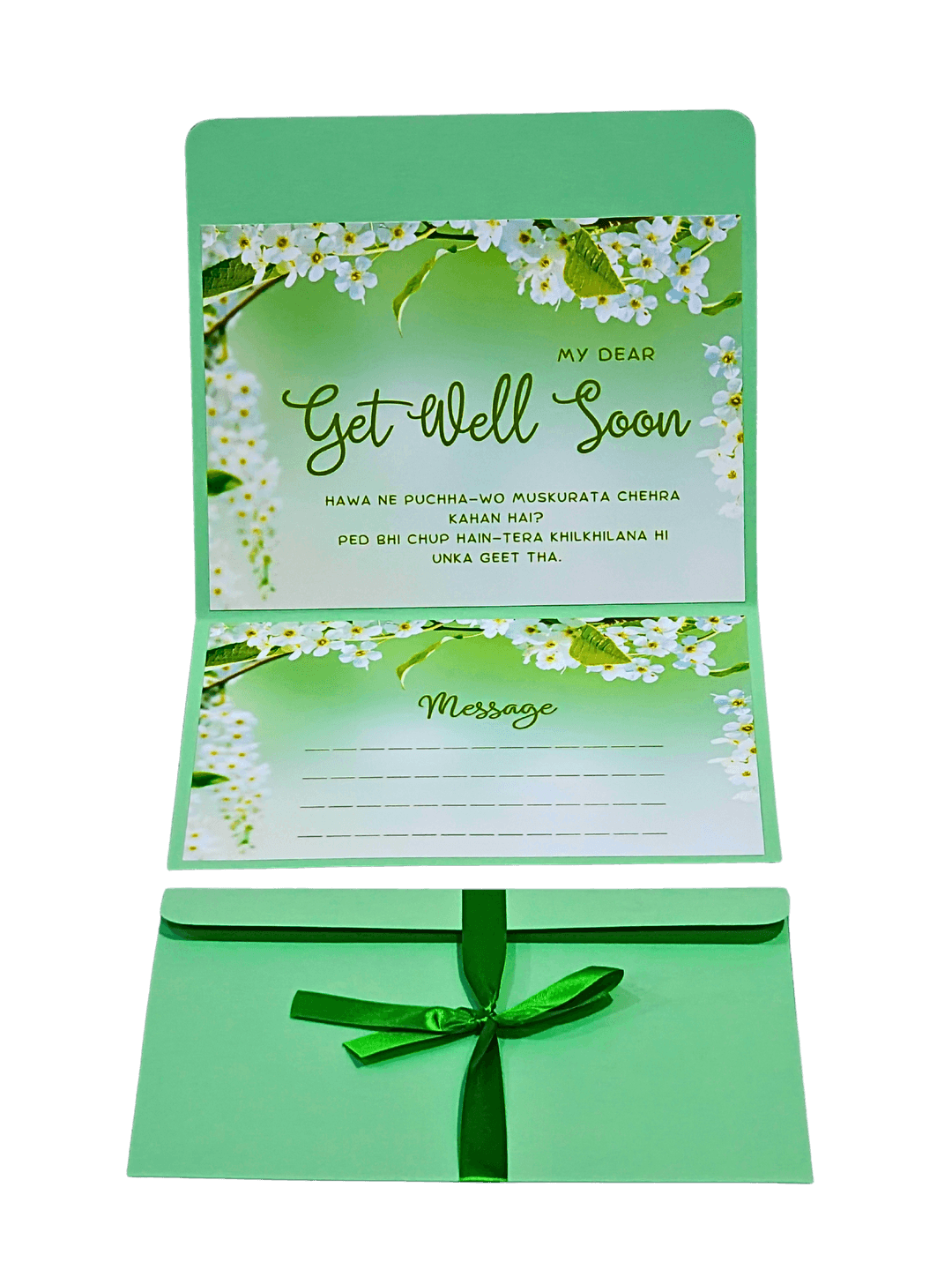 Get Well Soon Card with Hindi Message, Floral Design Green Greeting Card, Spring Blossom Theme with Message Space, Ribbon Bow Decorated