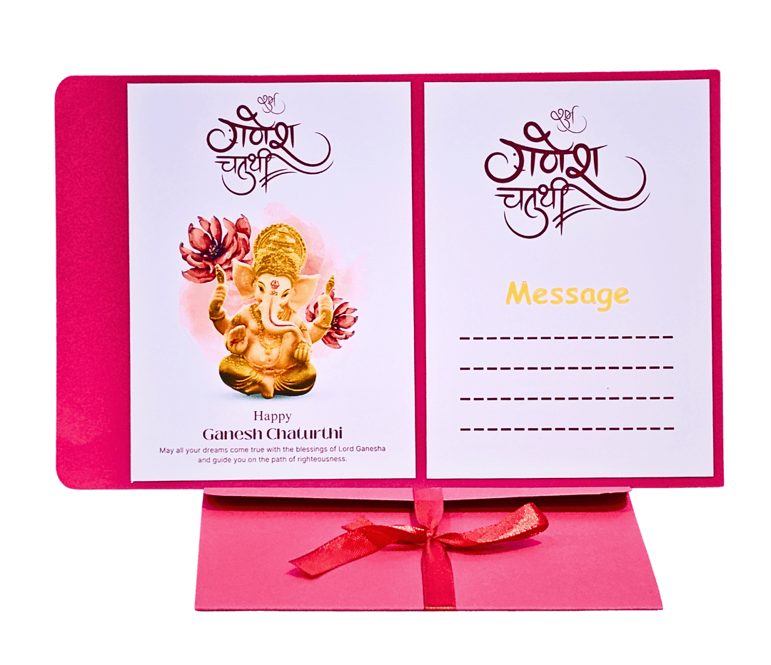 Ganesh Chaturthi Greeting Card, Pink, Double-Fold with Message Space, Religious Festival Design with Ribbon