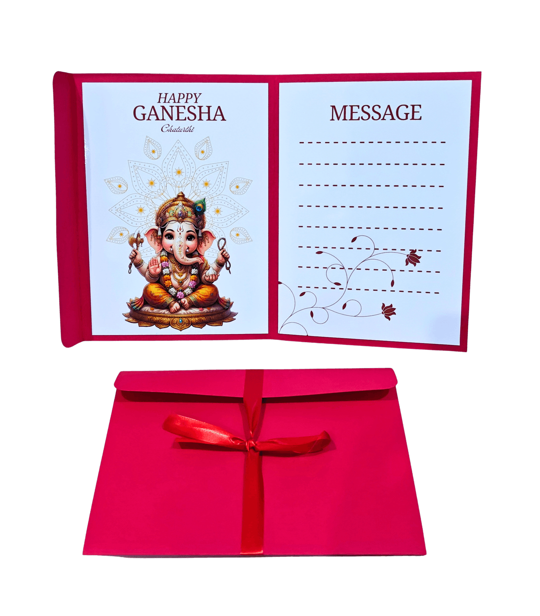 Happy Ganesha Chaturthi Greeting Card with Red Ribbon Envelope