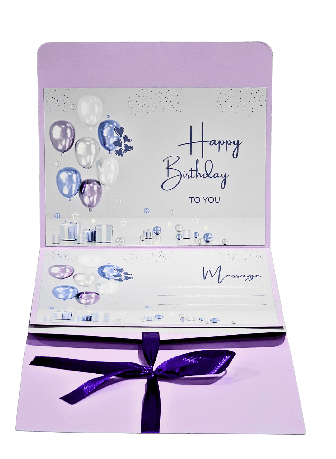 Elegant Purple Birthday Card with Balloons, Message Space, Ribbon Bow, Happy Birthday Design, Greeting Card