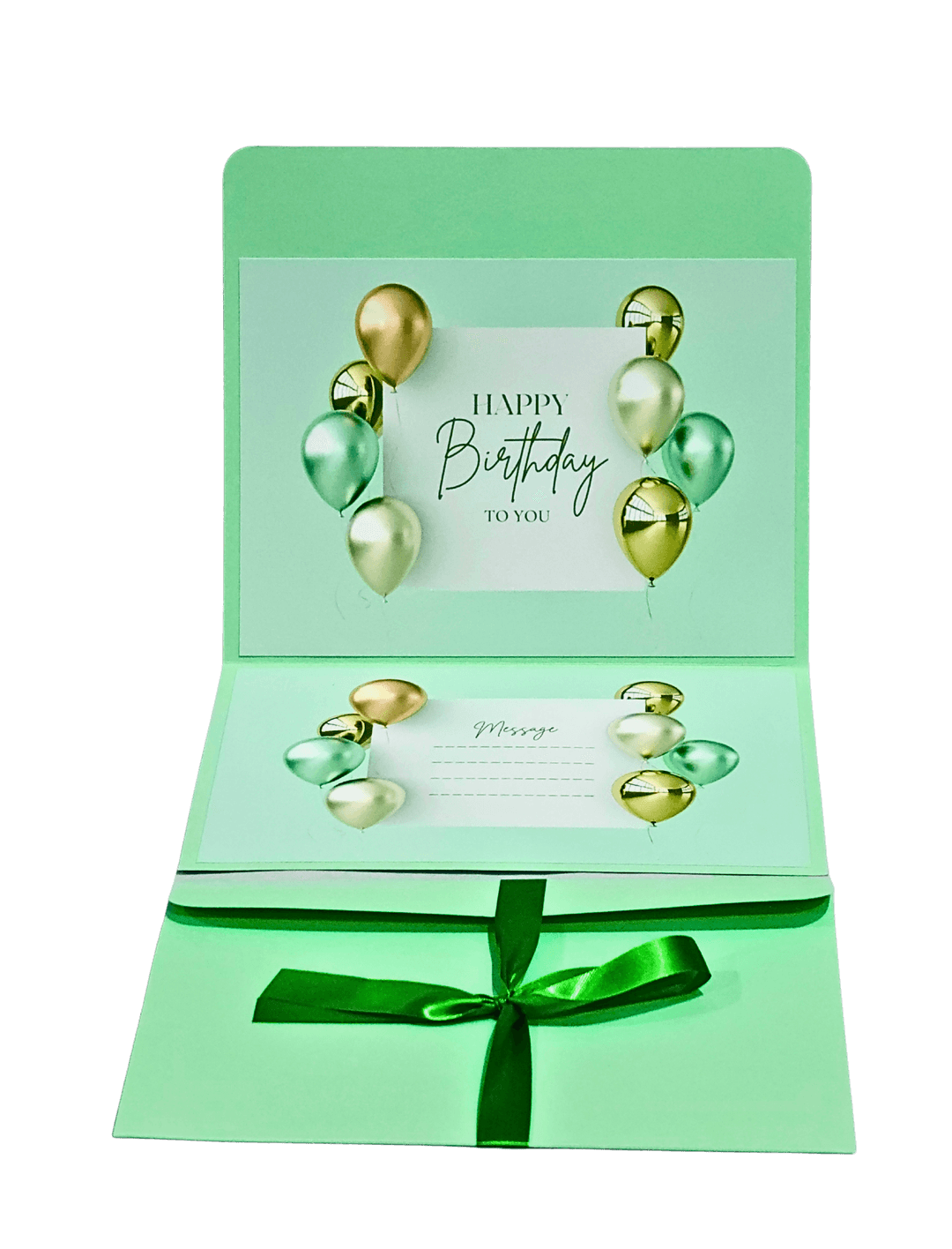 Elegant Birthday Card with Metallic Green Balloons, Pop-Up Design, Message Space, Mint Green with Satin Ribbon