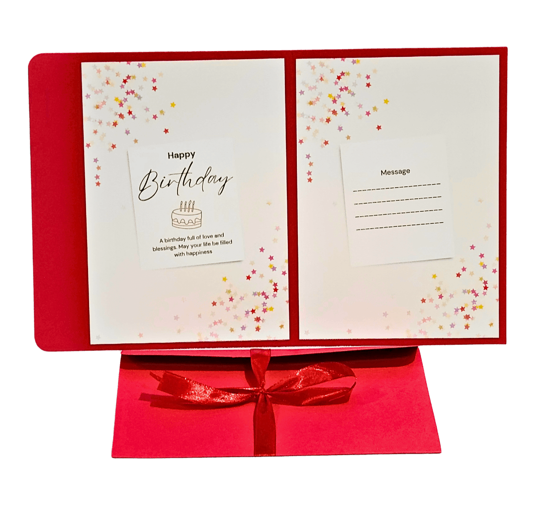 Elegant Birthday Card with Stars Design, White and Red, Handwritten Style Message Space, Happy Birthday Cake Illustration