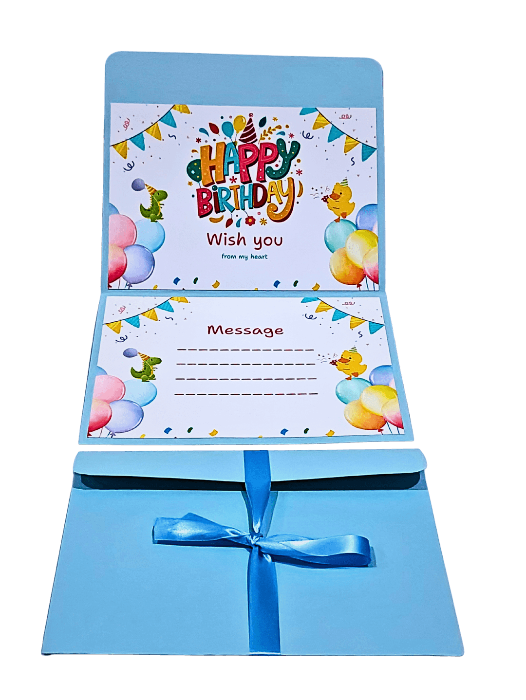 Playful "Happy Birthday Wish You From My Heart" Greeting Card Set with Cute Animal Illustrations & Blue Ribbon Envelope