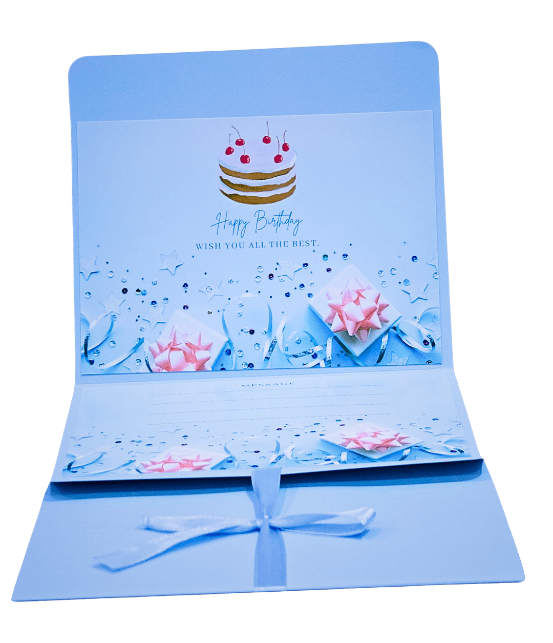 Happy Birthday Pop Up Card with Cake Design, Blue Greeting Card with White Bow, Decorative Gift Card
