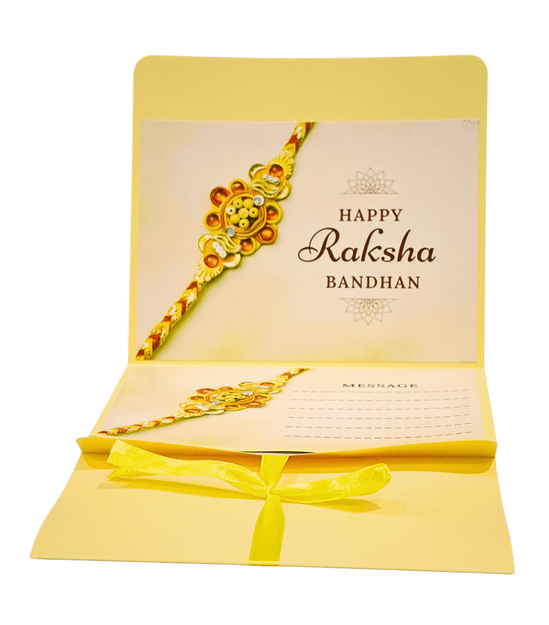 Elegant Raksha Bandhan Greeting Card with Yellow Bow, Traditional Design, Message Space