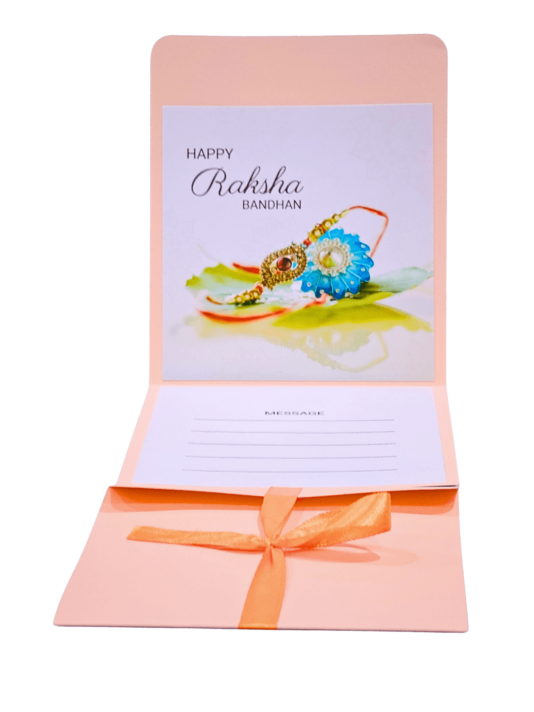 Happy Raksha Bandhan Greeting Card with Message Space, Peach Colour, Decorative Bow
