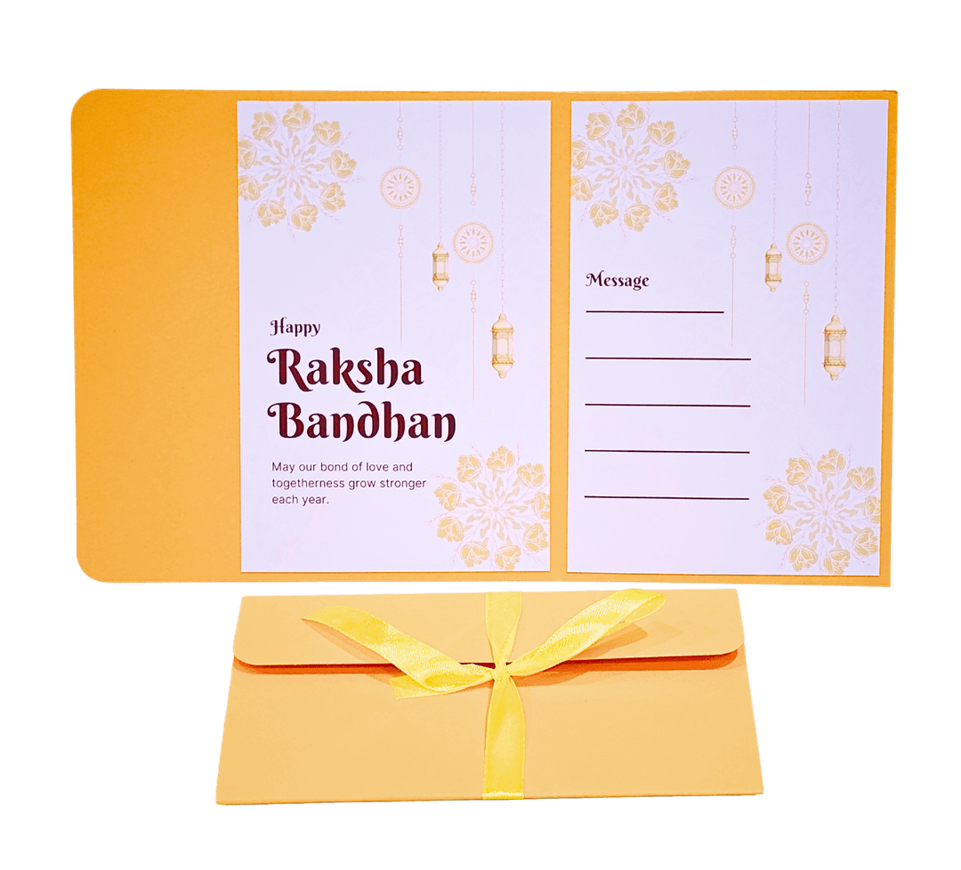 Elegant Yellow Lantern & Floral Mandala Raksha Bandhan Greeting Card with Envelope & Ribbon Tie