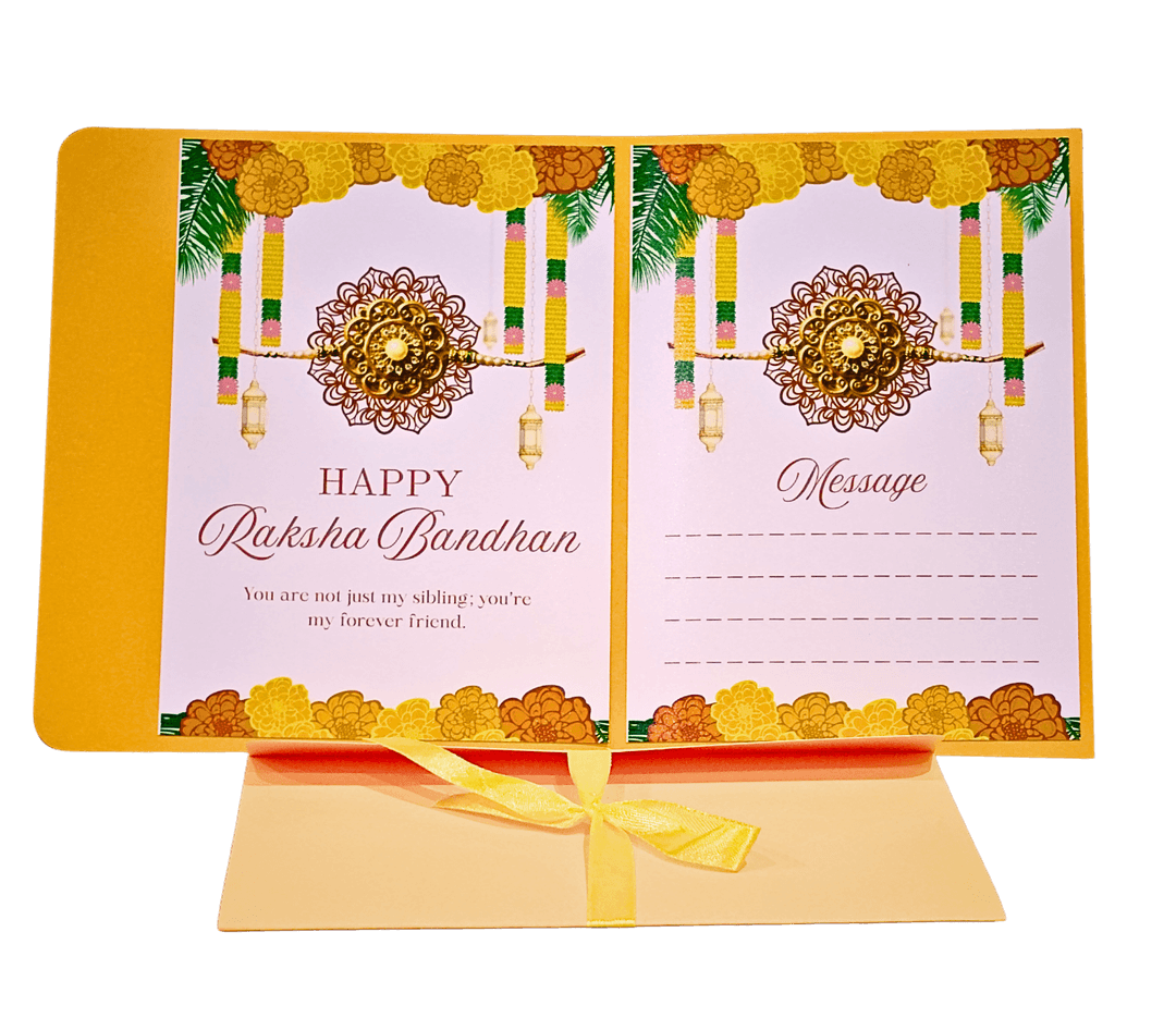 Festive Marigold Garland & Gold Rakhi Motif Raksha Bandhan Greeting Card with Matching Envelope & Ribbon Tie