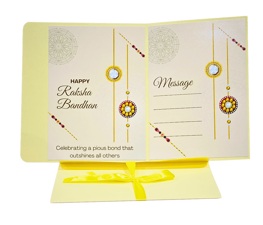 Happy Raksha Bandhan Greeting Card, Yellow and Beige, Traditional Design with Message Space, Decorative Ornaments