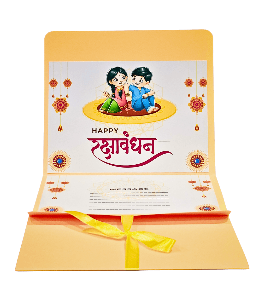 Cute Sibling Illustration "Happy Raksha Bandhan" Greeting Card with Yellow Satin Ribbon Envelope