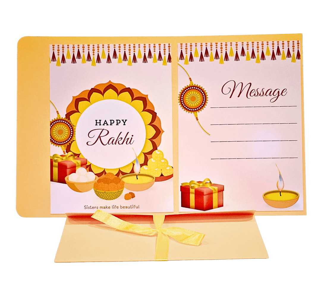 Festive "Happy Rakhi" Greeting Card with Ribbon Envelope & "Sisters Make Life Beautiful" Tagline