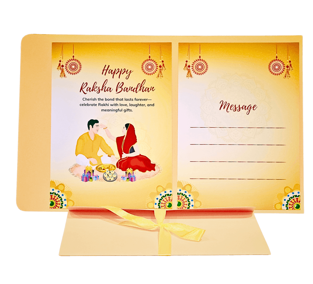 Happy Raksha Bandhan Greeting Card with Message Space, Traditional Festival Design, Yellow and Red, Premium Paper, Decorative Border