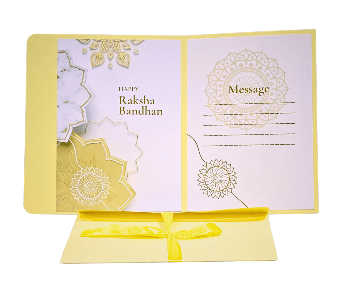 Elegant Raksha Bandhan Greeting Card with Gold Mandala Design, White and Gold, Message Space, Traditional Indian Festival