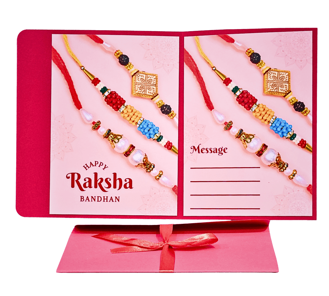 Handcrafted Raksha Bandhan Greeting Card with Traditional Rakhi Design, red, Double-Fold Card with Message Space, Festival Gift